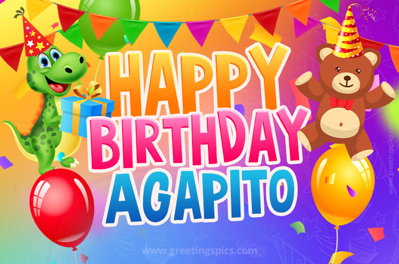 Happy Birthday Agapito Image for a child with cute dinosaur and bear