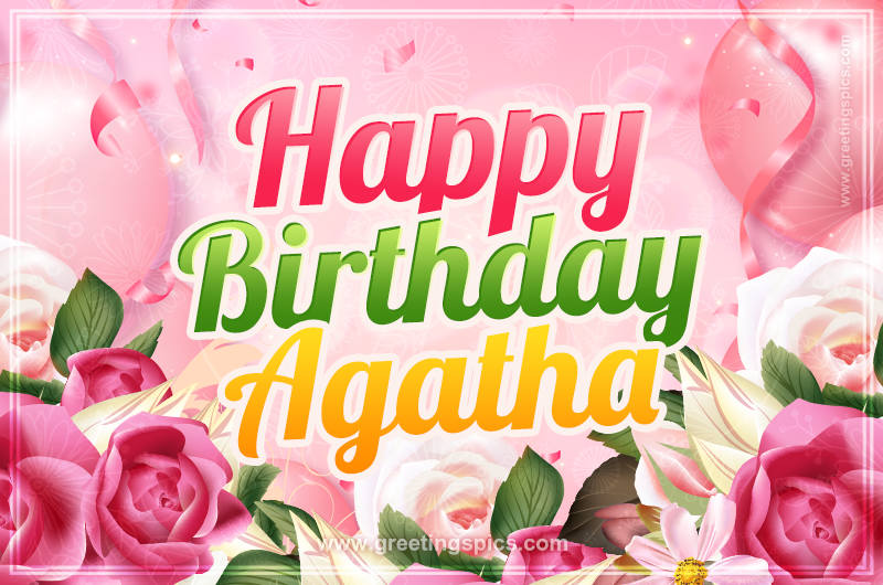 Image with gentle pink background and flowers Happy Birthday Agatha