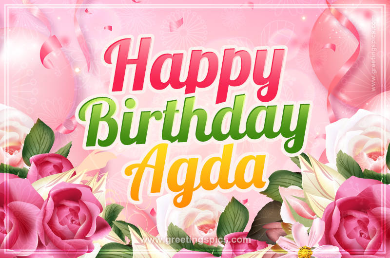 Image with gentle pink background and flowers Happy Birthday Agda