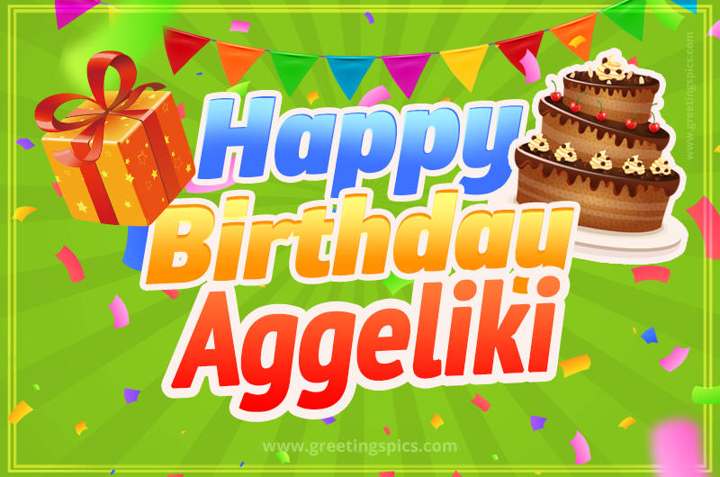 Happy Birthday Aggeliki picture with flags, chocolate cake and gift box