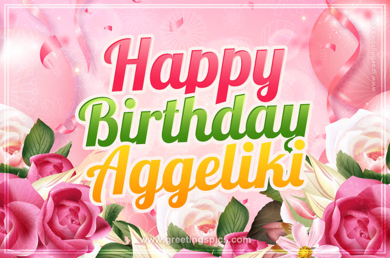 Image with gentle pink background and flowers Happy Birthday Aggeliki