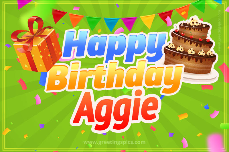 Happy Birthday Aggie picture with flags, chocolate cake and gift box