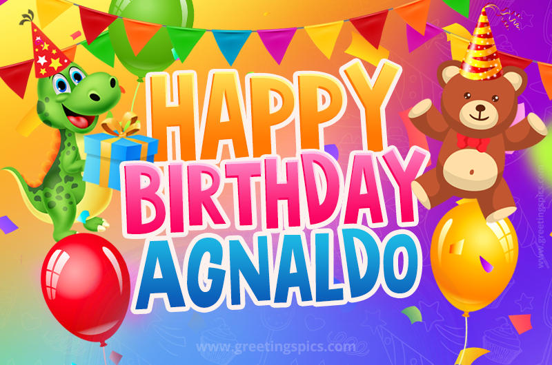 Happy Birthday Agnaldo Image for a child with cute baby dinosaur and bear