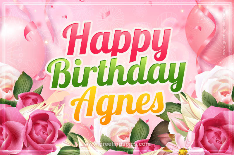 Image with gentle pink background and flowers Happy Birthday Agnes