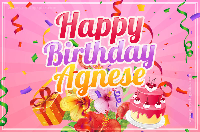 Beautiful Birthday Card for Agnese with Cake and bouquet of flowers