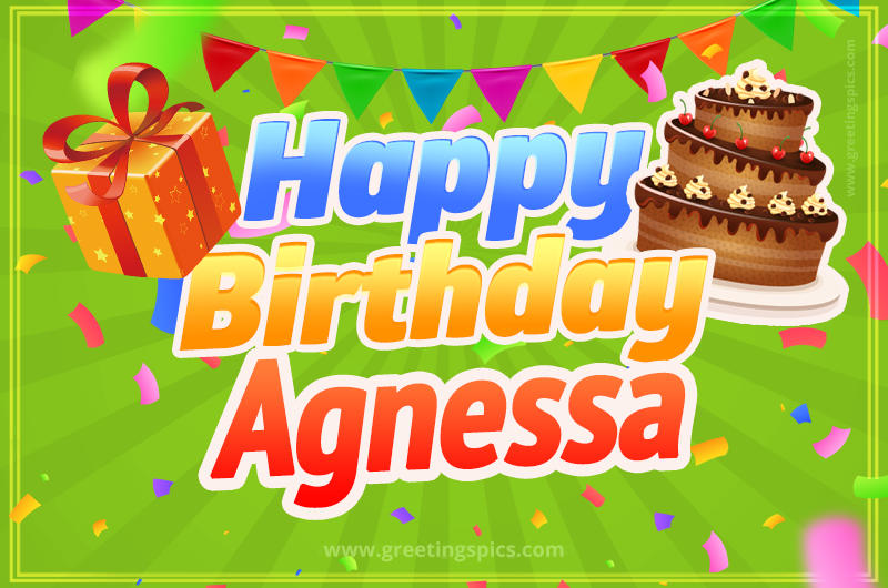 Happy Birthday Agnessa picture with flags, chocolate cake and gift box