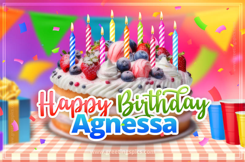 Happy Birthday Agnessa Colorful Image with fruit cake and candles