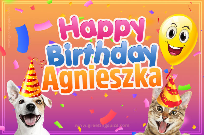 Happy Birthday Agnieszka Funny Image with cat and dog