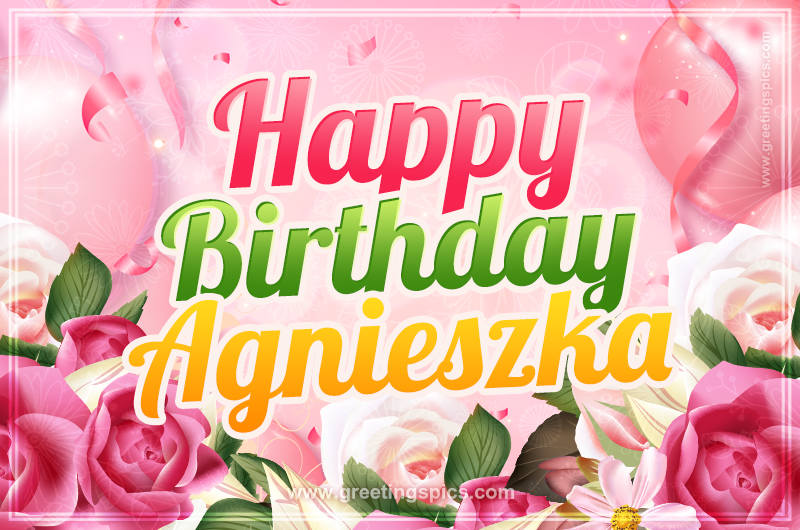 Image with gentle pink background and flowers Happy Birthday Agnieszka