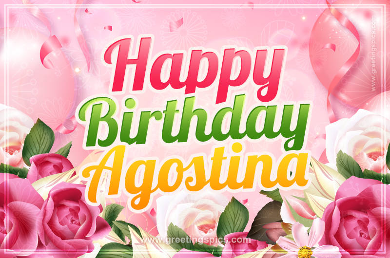 Image with gentle pink background and flowers Happy Birthday Agostina