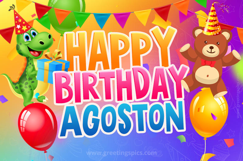 Happy Birthday Agoston Image for a child with cute baby dinosaur and bear