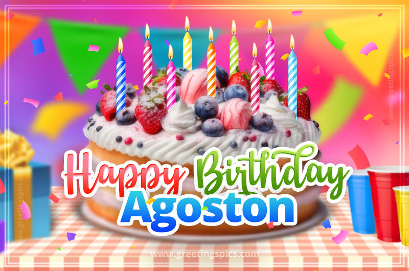 Happy Birthday Agoston Colorful Image with fruit cake and candles