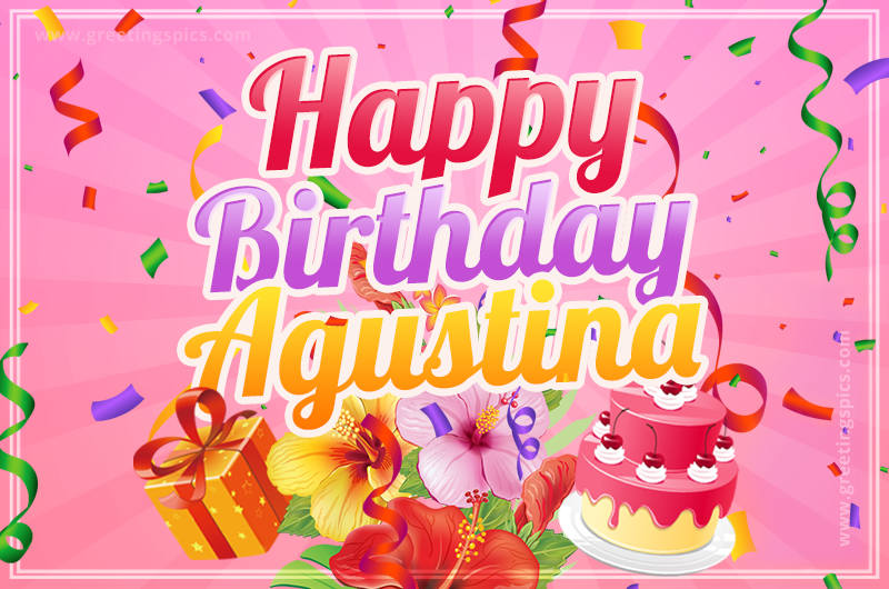 Beautiful Birthday Card for Agustina with Cake and bouquet of flowers