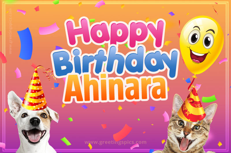 Happy Birthday Ahinara Funny Image with cat and dog