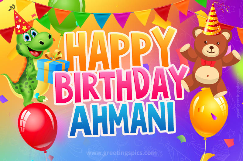 Happy Birthday Ahmani Image for a child with cute dinosaur and bear