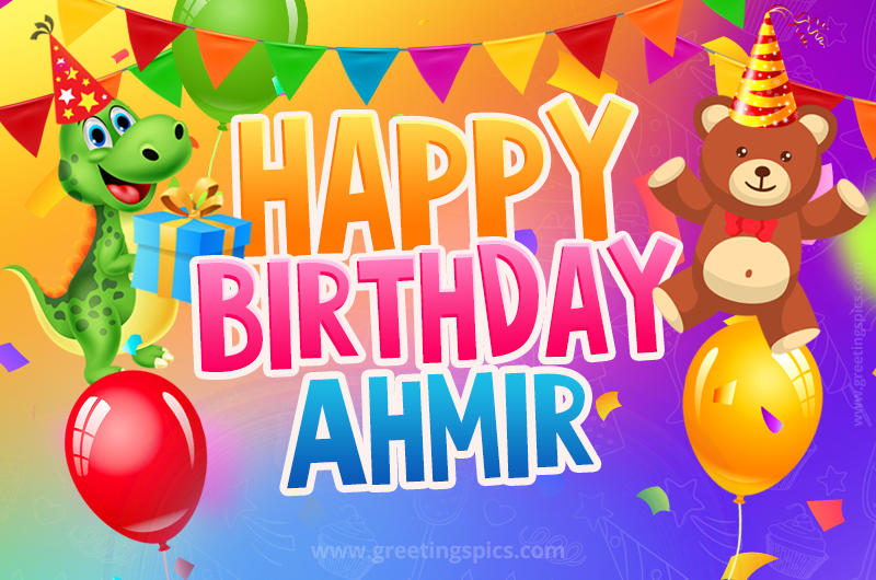 Happy Birthday Ahmir Image for a child with cute baby dinosaur and bear