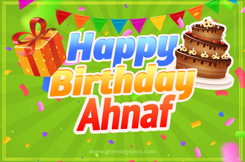 Happy Birthday Ahnaf picture with flags, chocolate cake and gift box