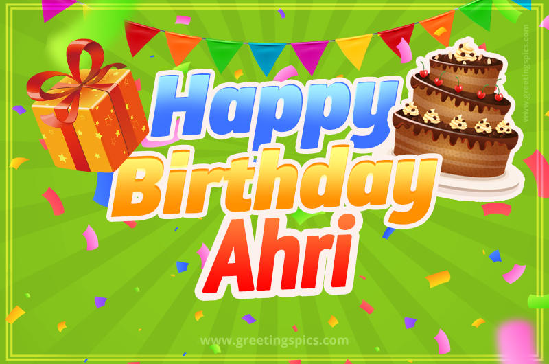 Happy Birthday Ahri picture with flags, chocolate cake and gift box