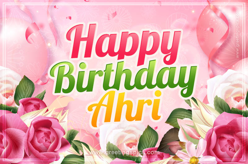 Image with gentle pink background and flowers Happy Birthday Ahri