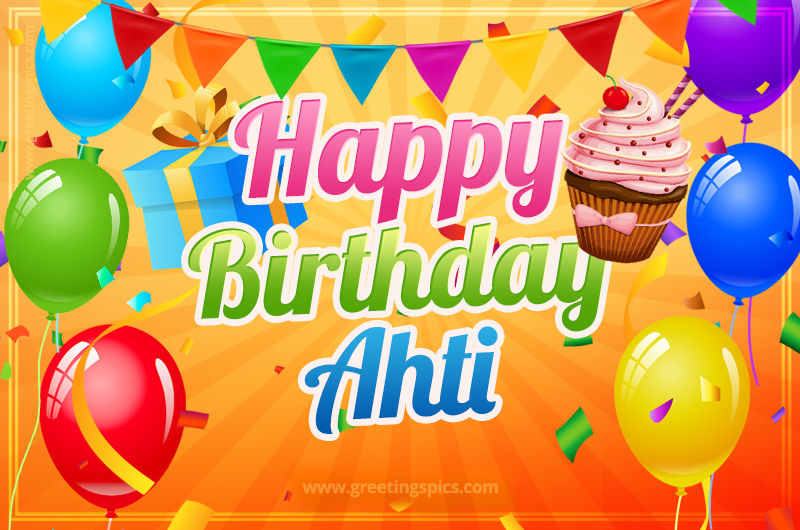 Happy Birthday Ahti eCard with gift box and cupcake