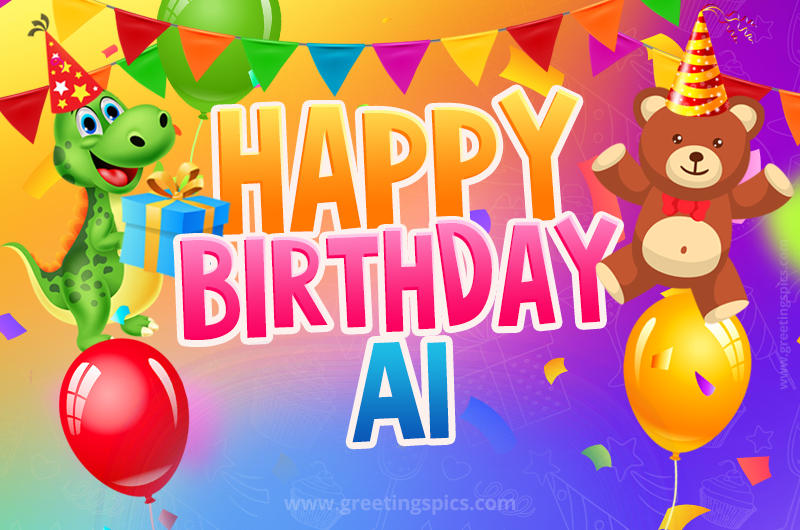 Happy Birthday Ai Image for a child with cute dinosaur and bear