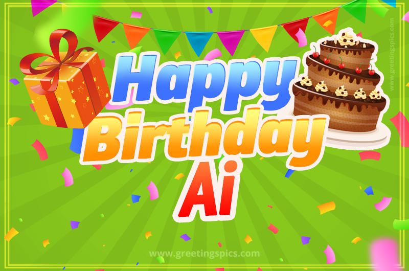 Happy Birthday Ai picture with flags, chocolate cake and gift box