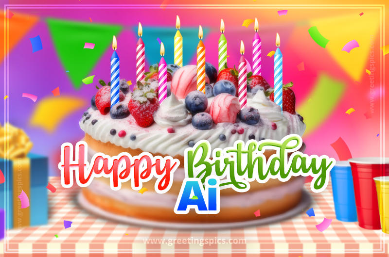 Happy Birthday Ai Colorful Image with fruit cake and candles