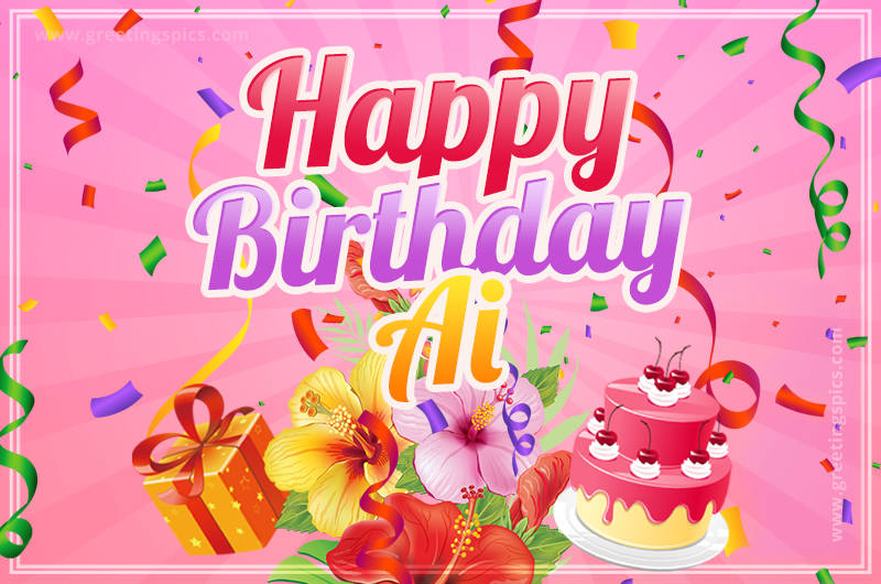 Beautiful Birthday Card for Ai with Cake and bouquet of flowers