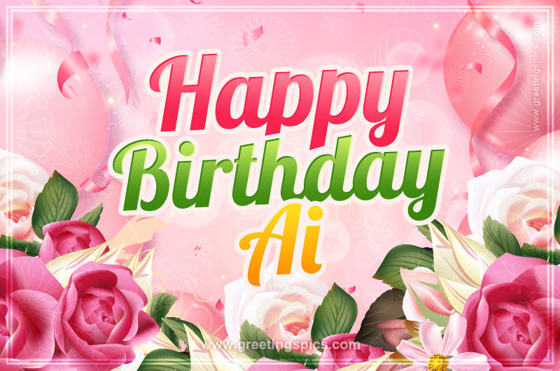 Image with gentle pink background and flowers Happy Birthday Ai