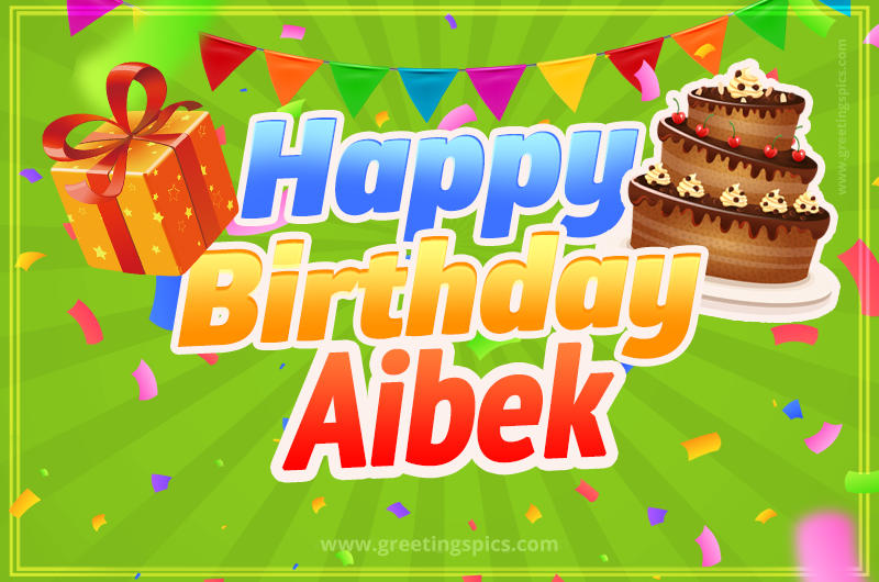 Happy Birthday Aibek picture with flags, chocolate cake and gift box