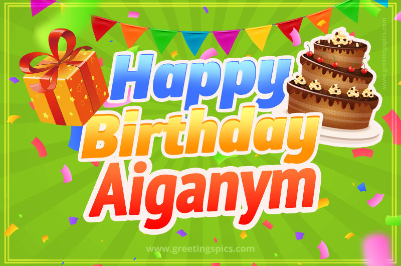 Happy Birthday Aiganym picture with flags, chocolate cake and gift box