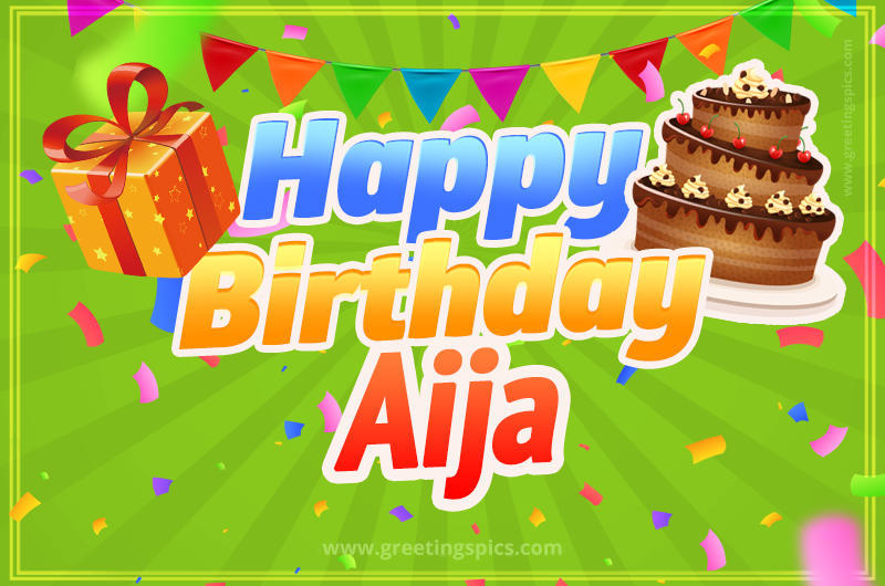 Happy Birthday Aija picture with flags, chocolate cake and gift box