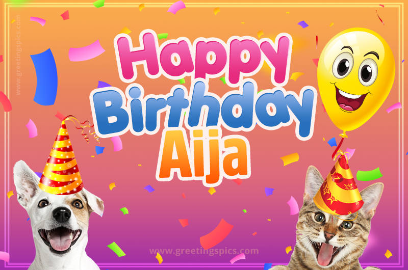 Happy Birthday Aija Funny Image with cat and dog