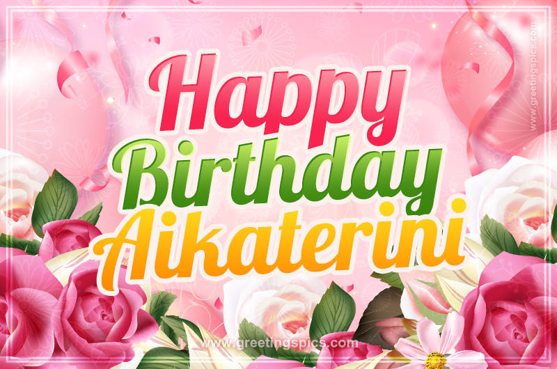 Image with gentle pink background and flowers Happy Birthday Aikaterini