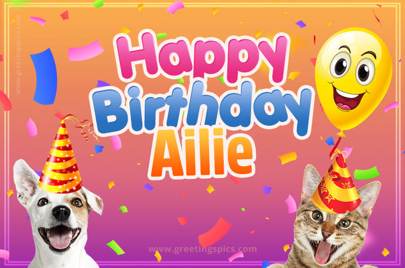 Happy Birthday Ailie Funny Image with cat and dog