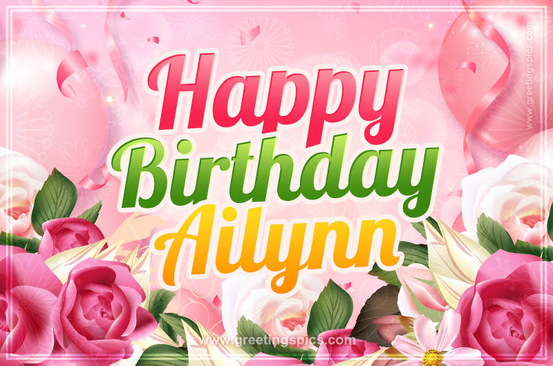 Image with gentle pink background and flowers Happy Birthday Ailynn