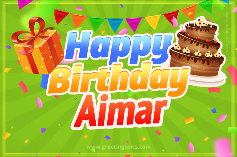 Happy Birthday Aimar picture with flags, chocolate cake and gift box