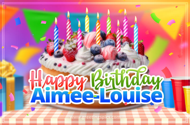 Happy Birthday Aimee-Louise Colorful Image with fruit cake and candles