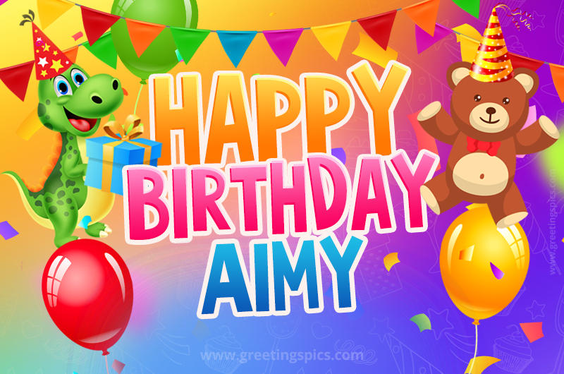 Happy Birthday Aimy Image for a child with cute dinosaur and bear