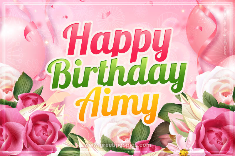 Image with gentle pink background and flowers Happy Birthday Aimy