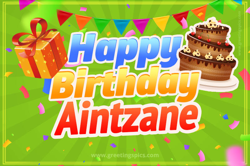 Happy Birthday Aintzane picture with flags, chocolate cake and gift box