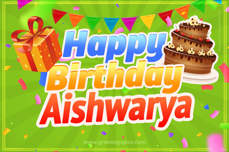 Happy Birthday Aishwarya picture with flags, chocolate cake and gift box