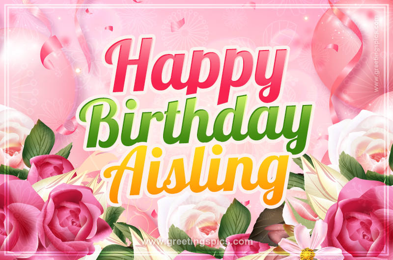 Image with gentle pink background and flowers Happy Birthday Aisling