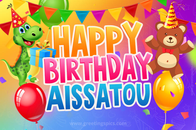 Happy Birthday Aissatou Image for a child with cute dinosaur and bear