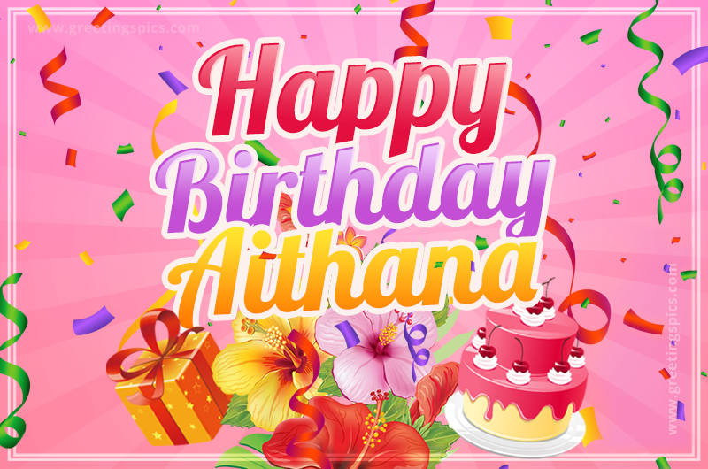 Beautiful Birthday Card for Aithana with Cake and bouquet of flowers