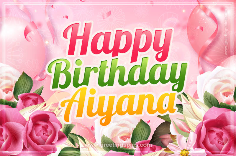 Image with gentle pink background and flowers Happy Birthday Aiyana