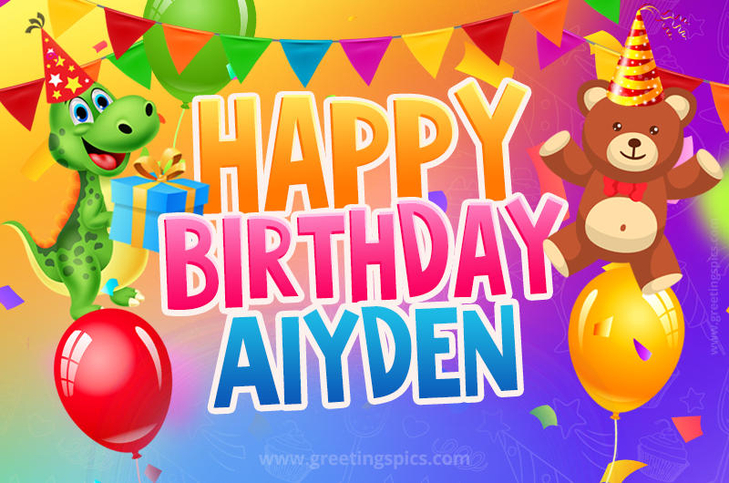 Happy Birthday Aiyden Image for a child with cute baby dinosaur and bear