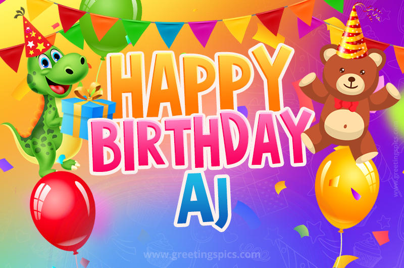 Happy Birthday Aj Image for a child with cute baby dinosaur and bear