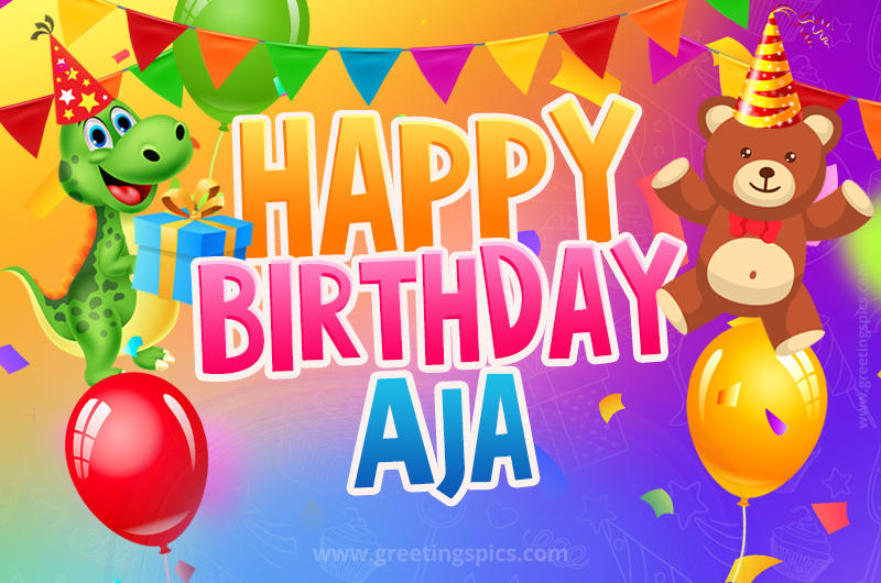 Happy Birthday Aja Image for a child with cute dinosaur and bear