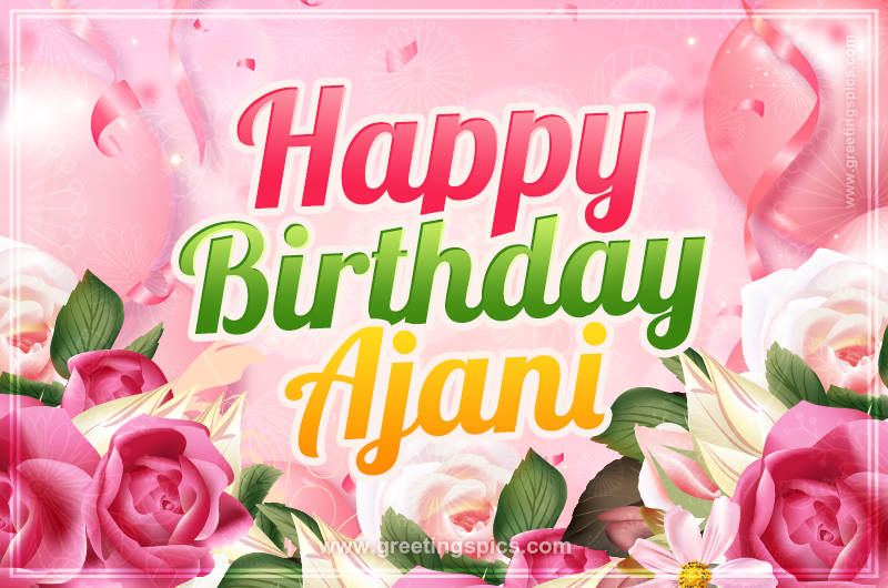 Image with gentle pink background and flowers Happy Birthday Ajani